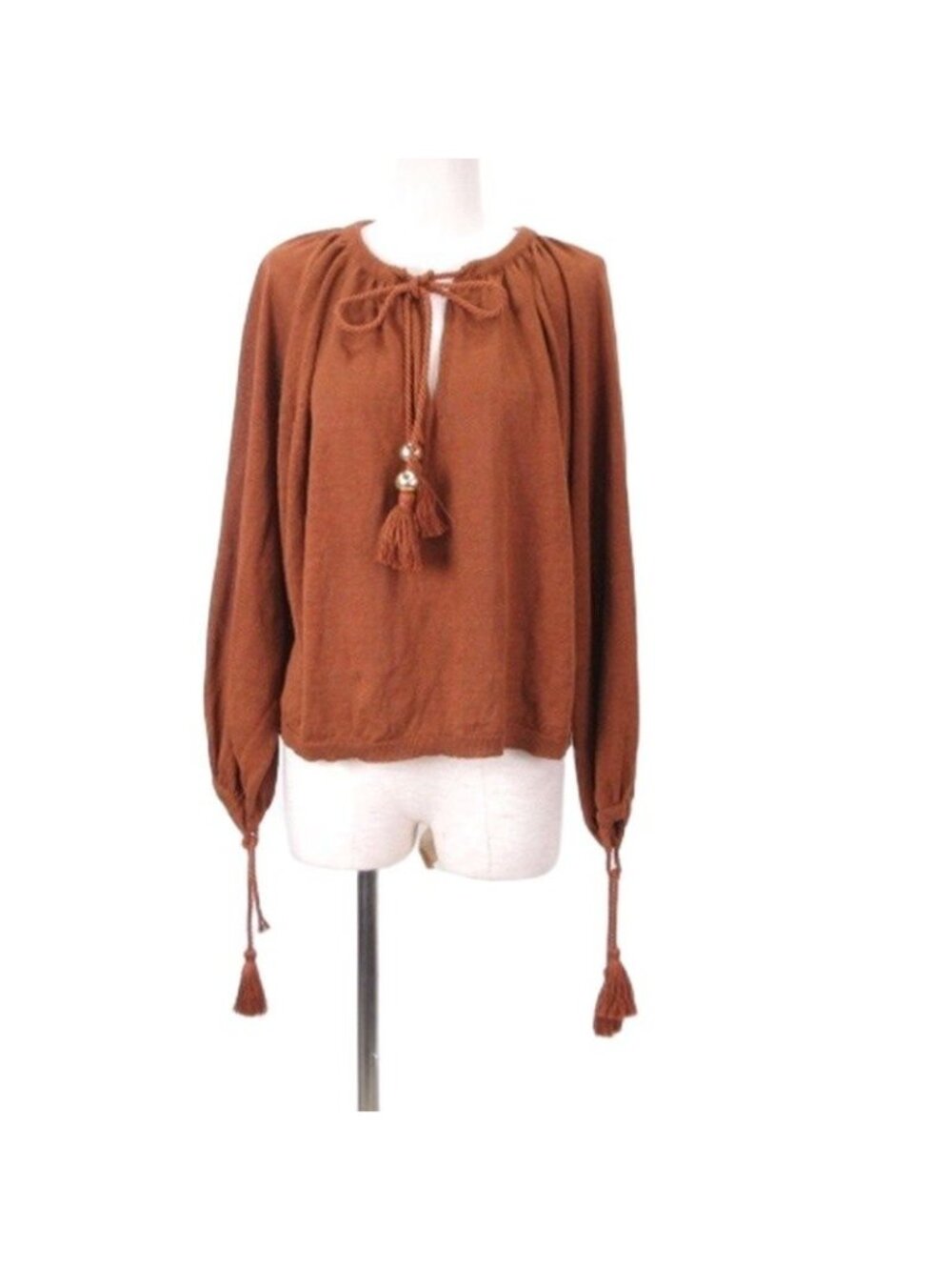 Max Mara Linen Fringe Tassel Knit Long Sleeve Brown Sweater
